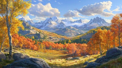 Vibrant autumn landscape with mountains and colorful trees.