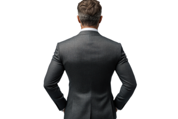 Professional man in a tailored suit, standing confidently with hands on hips. Ideal for corporate and business-related themes.