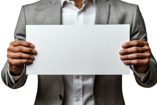 Professional man in a suit holding a blank sign, perfect for customizable messages or advertisements, isolated on a white background.