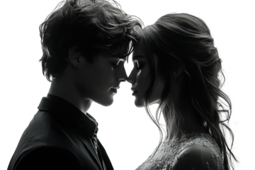 Silhouette of a couple leaning in for a kiss, capturing intimate emotion and connection against a soft, elegant backdrop.