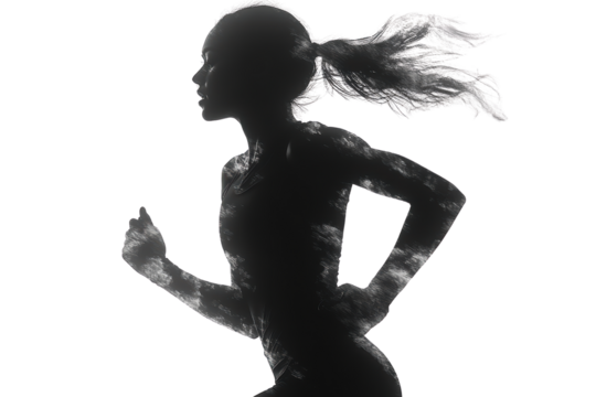 Silhouette of a female runner in motion, representing speed and determination. The dynamic pose captures the essence of athleticism and fitness.