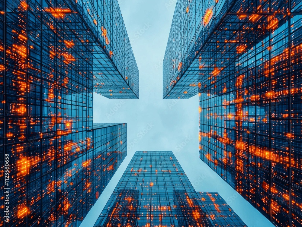 Poster impressive view cluster modern skyscrapers sharp angles and reflective glass. captured blue hour str