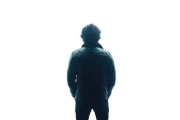 Silhouette of a person standing in a contemplative pose against a dark background, creating a sense of introspection and mystery.