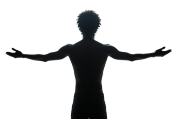 Silhouette of a person with arms outstretched, symbolizing freedom and self-expression on a white isolated background.