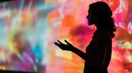Silhouette of woman gesturing against colorful background.