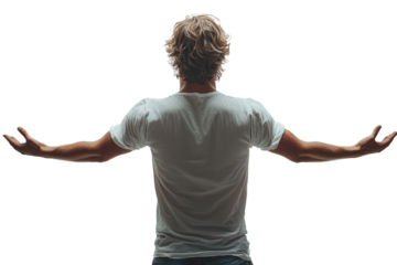 Silhouette of a person with arms outstretched, expressing freedom and joy against a neutral background.