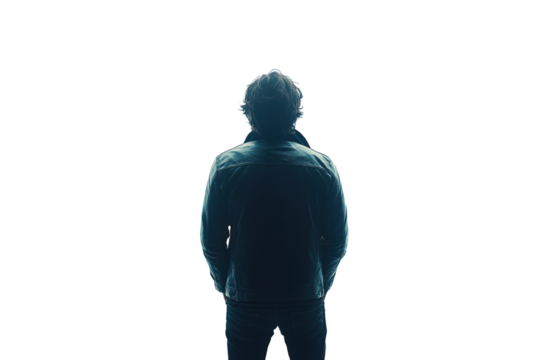 Silhouette of a person standing in a contemplative pose against a dark background, creating a sense of introspection and mystery.