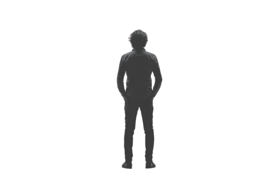 Silhouette of a person standing with hands in pockets, isolated on a white background, ideal for various projects and creative designs.