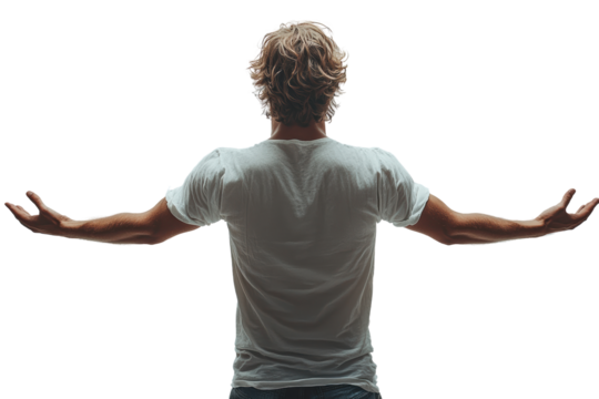 Silhouette of a person with arms outstretched, expressing freedom and joy against a neutral background.