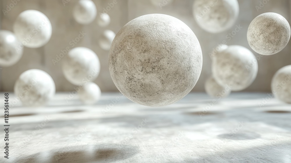 Poster floating spheres in a minimalist space create a serene atmosphere.