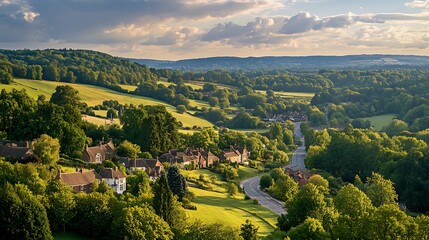 Scenic village nestled in lush green valley, bathed in golden sunlight.