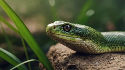 Fototapeta premium Baby snake resting among soft green grass, coiled gently, scales gleaming, tiny body blending with surroundings, small, yet agile, enjoying quiet moments, sun shining through lush vegetation, nature’s