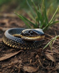 Obraz premium Baby snake resting among soft green grass, coiled gently, scales gleaming, tiny body blending with surroundings, small, yet agile, enjoying quiet moments, sun shining through lush vegetation, nature’s