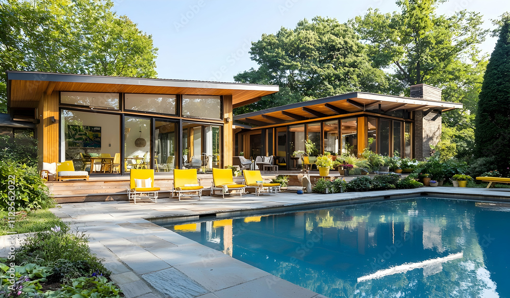 Poster a modern house with a pool, featuring architectural design with large windows and open spaces