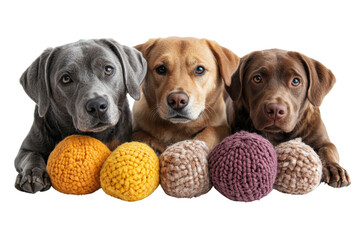 Three adorable dogs, grey, yellow, and brown, resting together with colorful knitted balls. Perfect for pet lovers and animal enthusiasts.