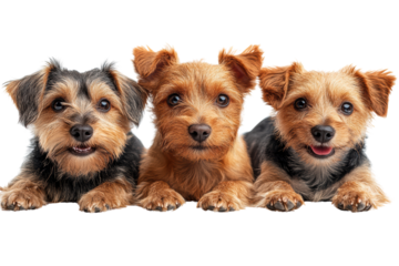 Three adorable dogs posing together with cheerful expressions, showcasing their unique fur patterns and charming personalities against a white background.