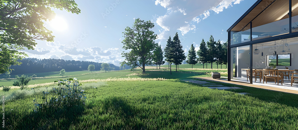 Poster a modern house with green grass, floor plans in front, and a view from behind it, in a 3d rendering.