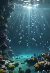Fototapeta premium serene underwater scene with numerous fish-like bubbles rising to the surface , fish-like bubbles, soft focus, gentle rise