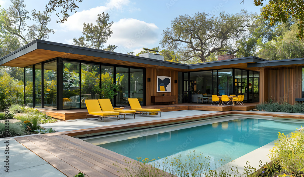 Poster a modern house with a pool, featuring architectural design with large windows and open spaces