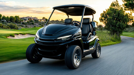 Black golf cart driving on paved path near golf course
