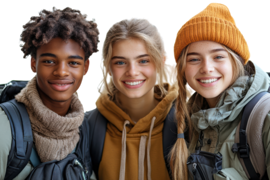 Three cheerful friends with backpacks, enjoying an outdoor adventure, smiling together against a bright background.
