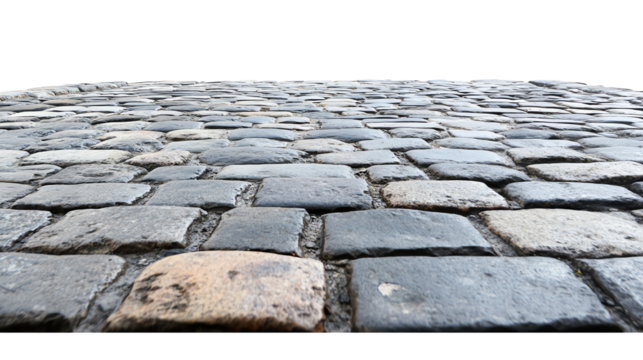 Close-up of cobblestone pavement with varied textures and colors.