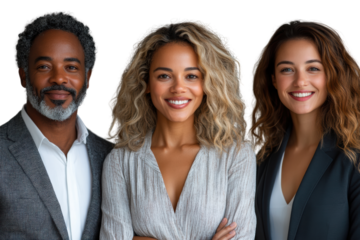 Three diverse professionals smiling confidently, showcasing unity and collaboration in a modern workplace environment.