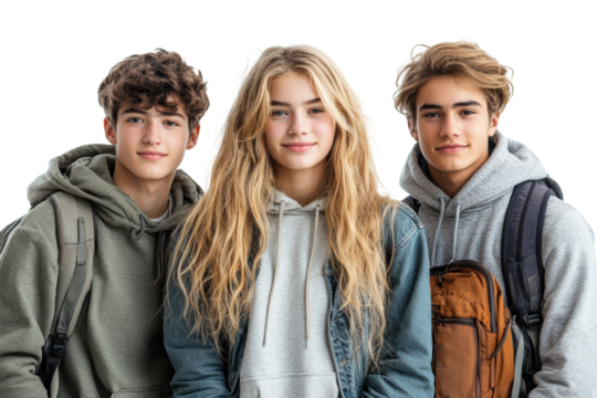 Three diverse teenagers standing together, wearing casual clothing and backpacks, smiling confidently, with white isolated background.
