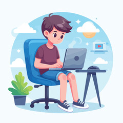 a boy is using his laptop vector