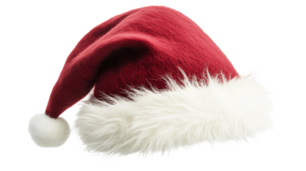 Festive red Santa hat with white fur trim on a white isolated background.