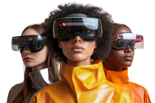 Three diverse women wearing futuristic augmented reality glasses, showcasing innovation and modern fashion against a white isolate background.