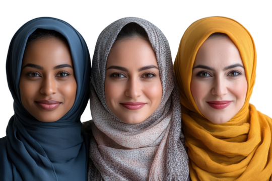 Three diverse women wearing traditional headscarves, smiling warmly against a white isolate background, representing unity and cultural diversity.