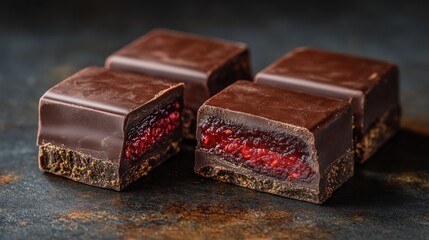 Dark chocolate squares filled with raspberry jam, close-up view on rustic surface.