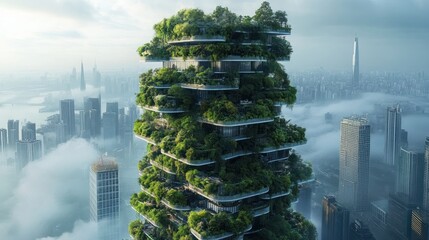 Obraz premium Eco-Cityscape: A Verdant Tower Rising Above the Clouds