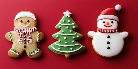 Fototapeta premium 3 Christmas cookies, a gingerbread man and a snowman with a hat and scarf, a green tree decorated on a red background