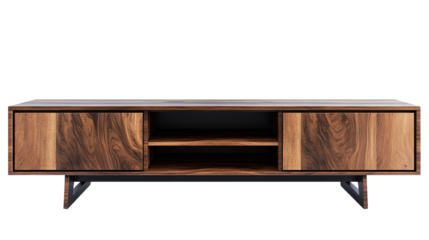 Modern wooden TV stand with sliding doors, isolated on white background.