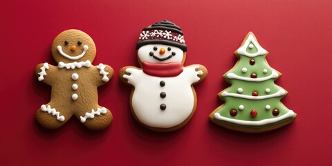 Fototapeta premium 3 Christmas cookies, a gingerbread man and a snowman with a hat and scarf, a green tree decorated on a red background