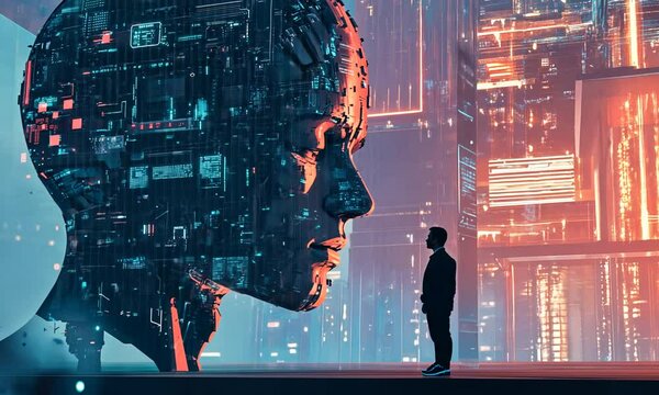 A futuristic profile of a humanoid figure with digital circuitry against a vibrant city backdrop.