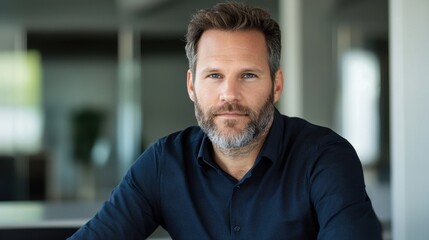 Obraz premium A man with a well-groomed beard is seated at a sleek desk in a contemporary office. Natural light fills the space, highlighting his thoughtful expression and stylish attire