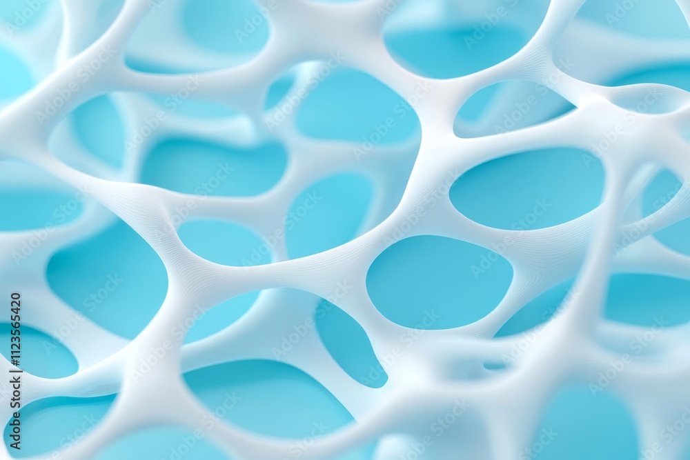 Poster close-up view of white cellular structure against a blue background, showcasing intricate patterns.
