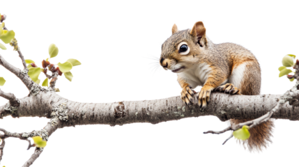 Squirrel perched on a branch, white isolate background.