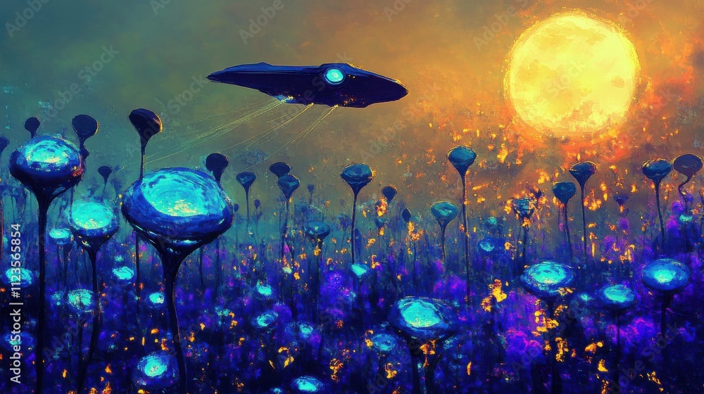 Aufkleber a mysterious spaceship executing a perfect landing in a vibrant field of strange glowing alien flowe
