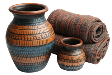 Traditional handcrafted pottery with intricate designs, accompanied by textured fabric rolls, isolated on a white background.