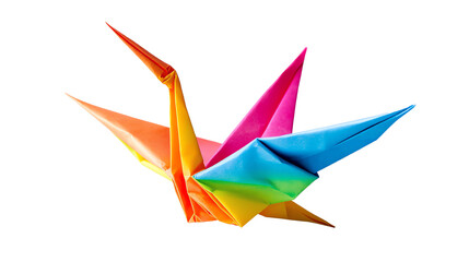 Obraz premium Vibrant rainbow origami crane on a transparent background.