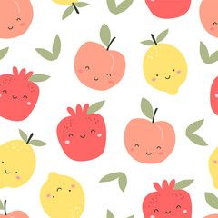 Seamless pattern with cute peach, lemon and pomegranate fruits. Vector illustration for printing. Cute children's background. Food and drinks