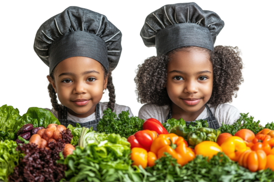 Two cheerful girls in chef hats surrounded by a colorful array of fresh vegetables, embodying joy and health in cooking.