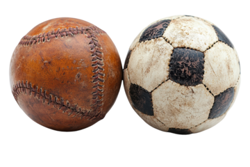 Two different types of balls: a vintage baseball and a classic soccer ball against a white isolated background.