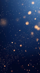 Obraz premium Dark blue background with small, glowing white and gold glitter, sparkling particles in the air, and a depth of field effect.