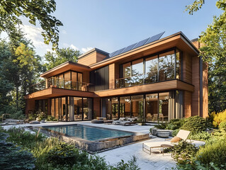 Fototapeta premium 3D rendering of a modern two-story house with a pool and terrace, a wooden floor, and black windows.