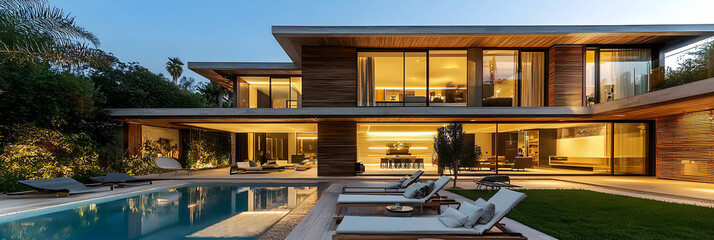Modern house with wooden cladding and white walls, featuring an outdoor pool area, patio furniture, barbecue grill, and glass windows overlooking the garden